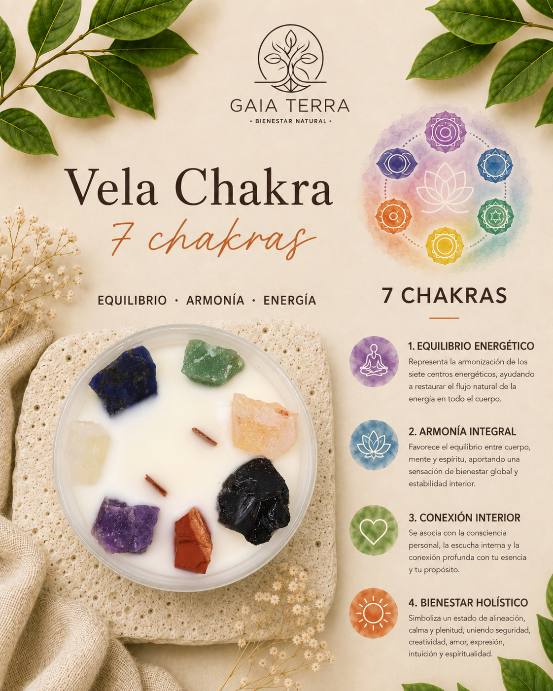 Velas de Cristal de Chakra  - Siete chakras